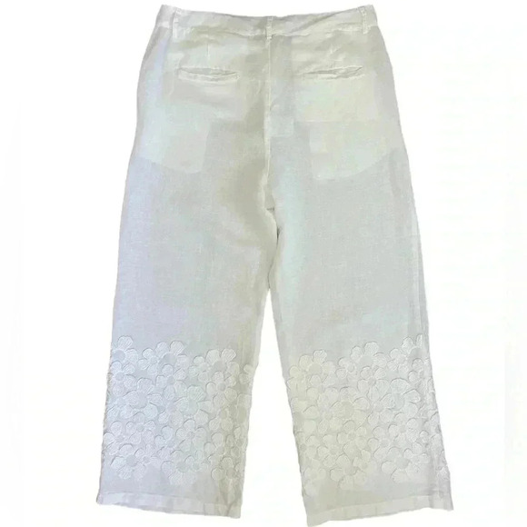 LaFabbricadeilino 100% Linen white floral derail pants size M Italy made Boho - Picture 3 of 12